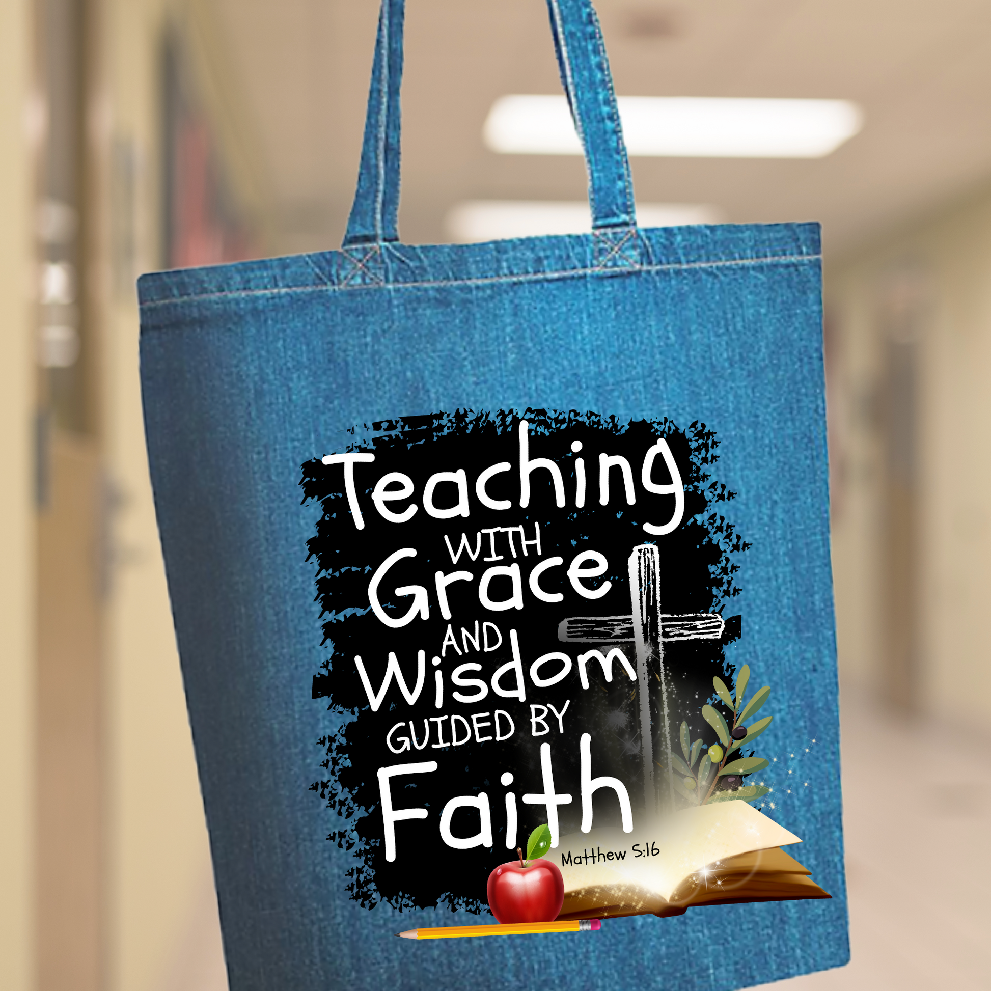 Teaching Guided by Faith Denim Tote